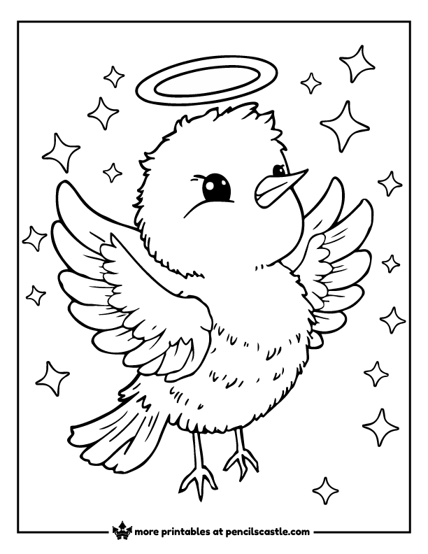 angel bird with stars and a halo printable coloring sheet