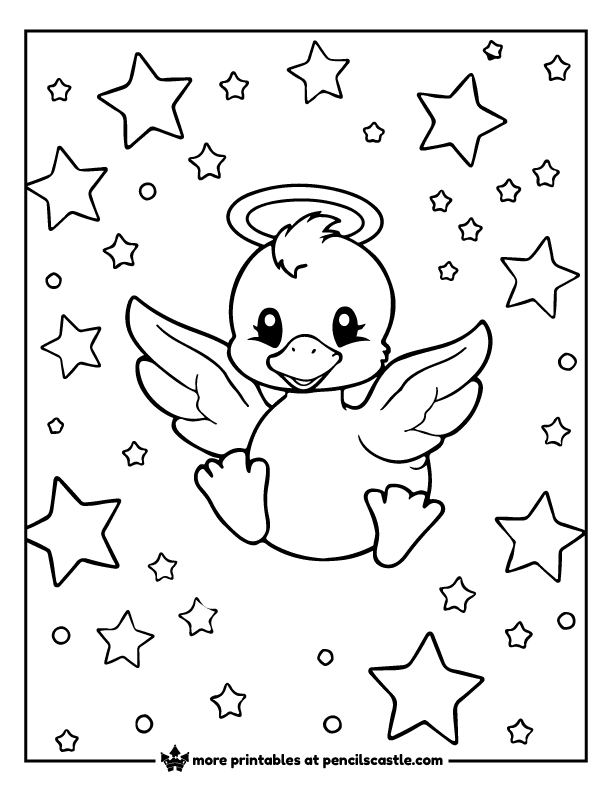 an angel duck with a halo and stars