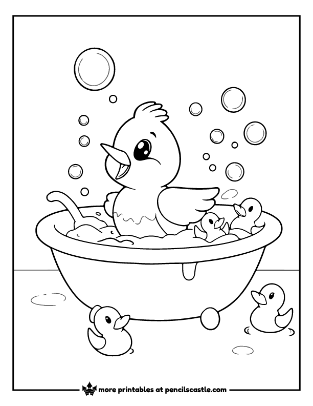 bird in a bathtub with soap bubbles and rubber ducks coloring sheet