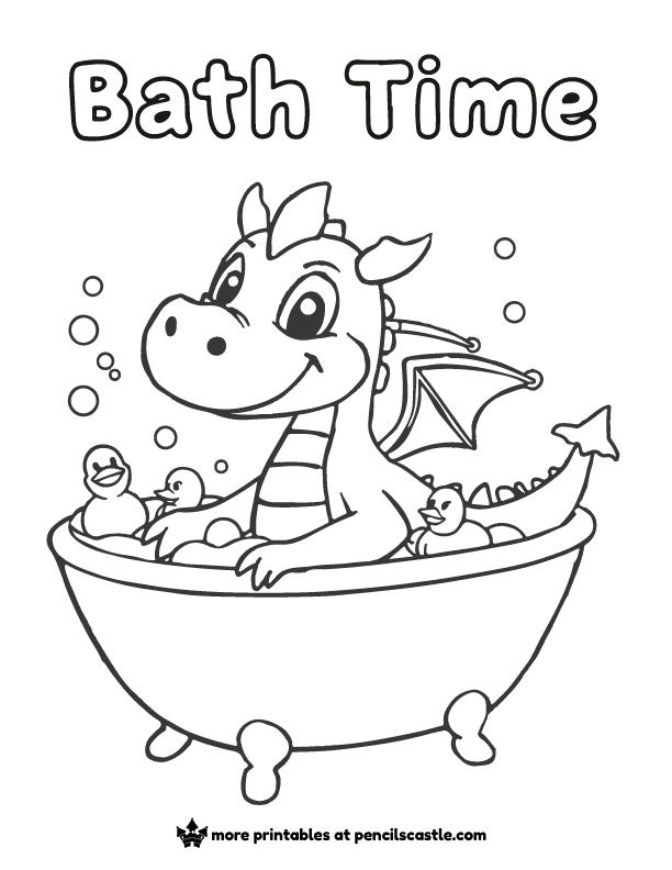 A dragon in a bathtub with rubber ducks and soap bubbles