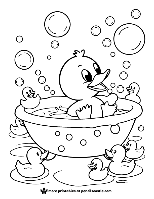 a duck in a bathtub with rubber ducks and bubbles coloring page