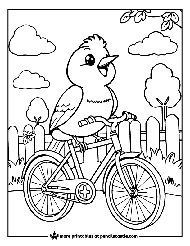 bird riding a bicycle coloring page