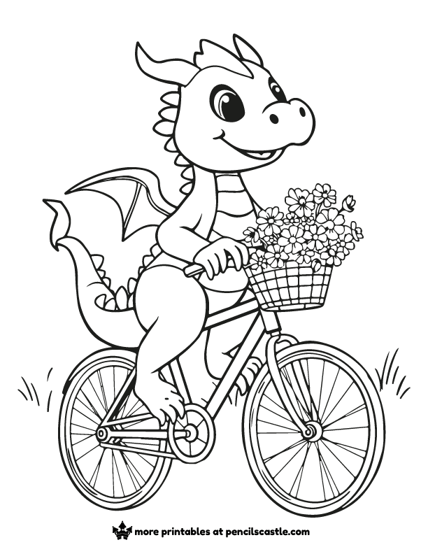 coloring page of a dragon on a bicycle