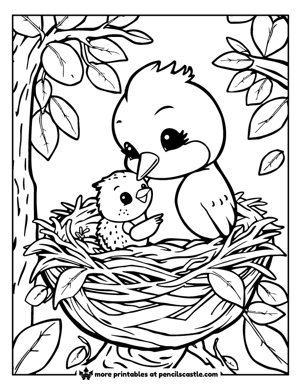 mother bird and her baby cuddled in a cozy nest coloring sheet