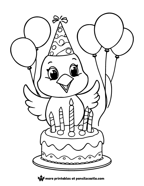 bird in a birthday party hat with a cake and balloons coloring sheet