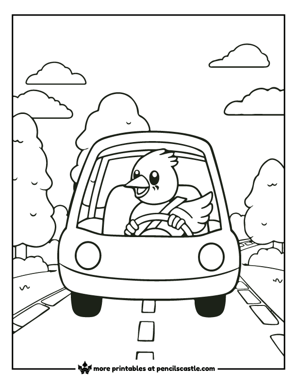 bird driving a car coloring sheet