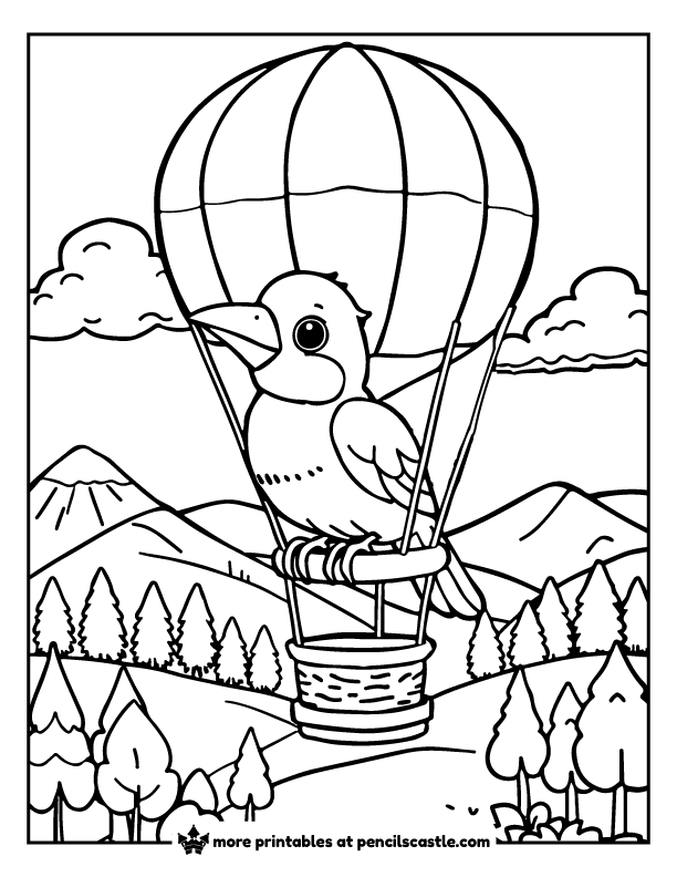 bird on a hot air balloon with hills and trees coloring sheet