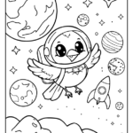 bird in space with planets and stars coloring page