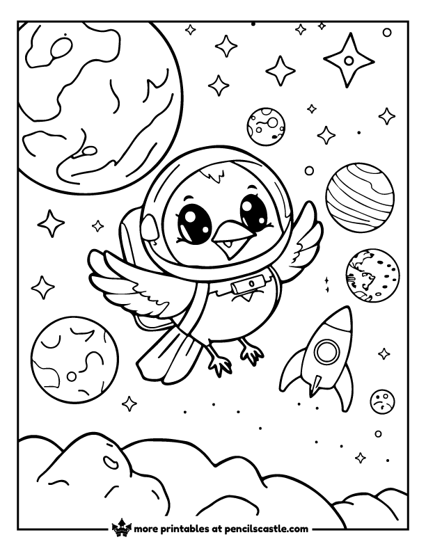 bird in space with planets and stars coloring page