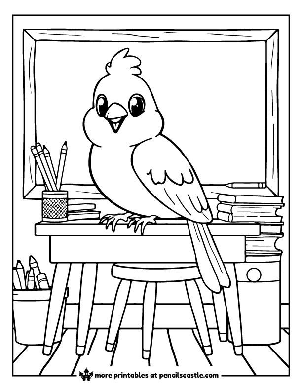 bird sitting at a desk with pencils, books, and a chalkboard coloring sheet