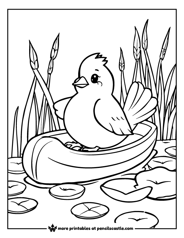 bird on a boat with reeds and lily pads coloring page