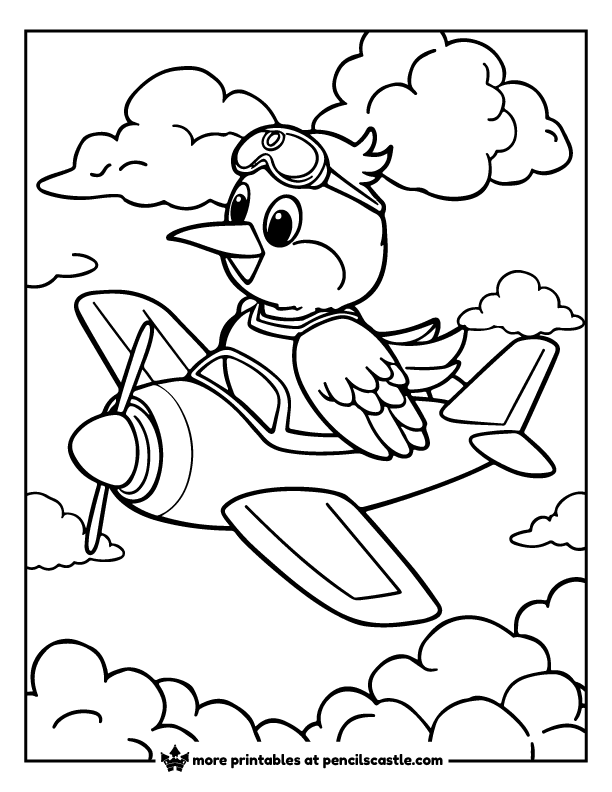 bird flying an airplane through the clouds coloring sheet