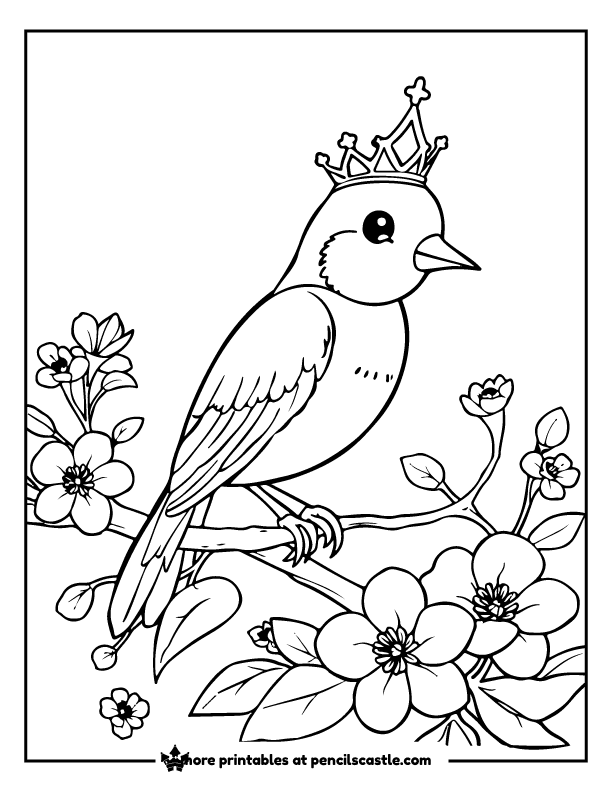 bird princess in a crown perched on a branch coloring page