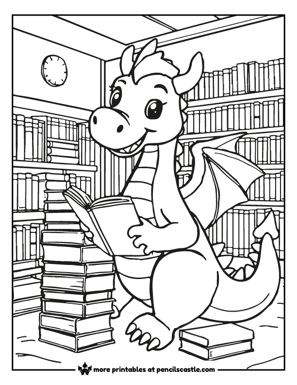 a dragon in a school library with books