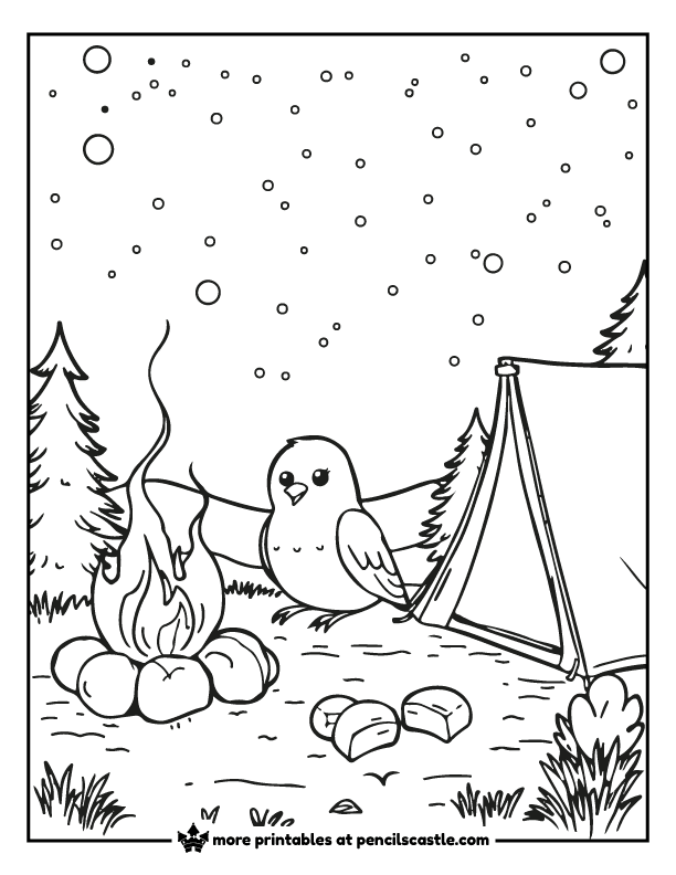 bird sitting by a campfire and a camping tent coloring page