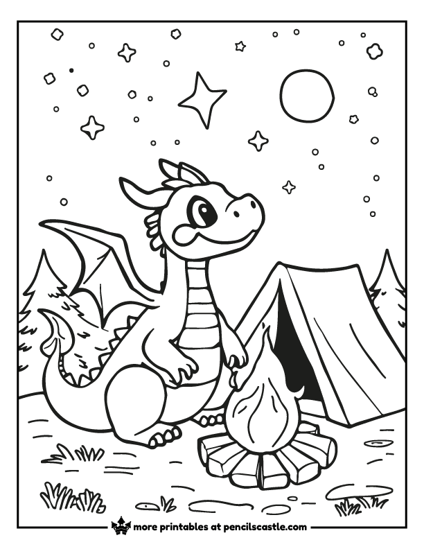 a dragon with a campfire and a  camping tent