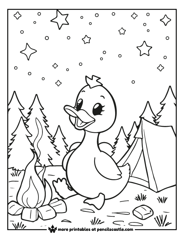 a duck with a campfire and a  camping tent coloring sheet