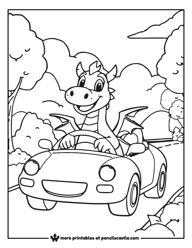 coloring page of a dragon on a car