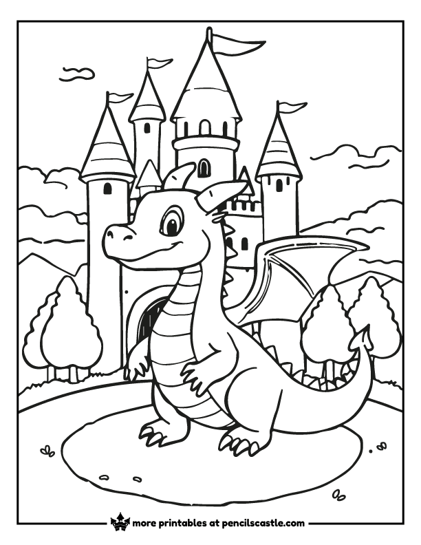 a dragon in front of a castle