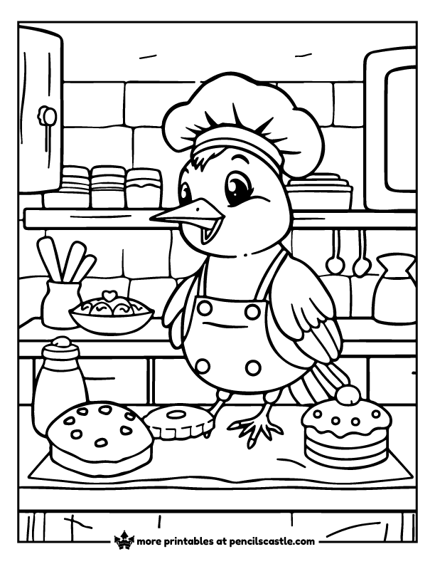 bird wearing a chef hat and an apron in the kitchen coloring sheet