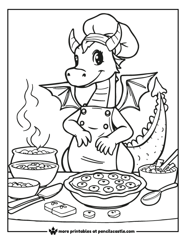 coloring page of a dragon chef with a delicious pie