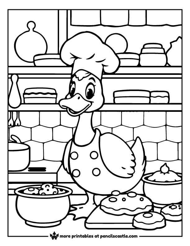 coloring page of a duck chef with cookies and cakes