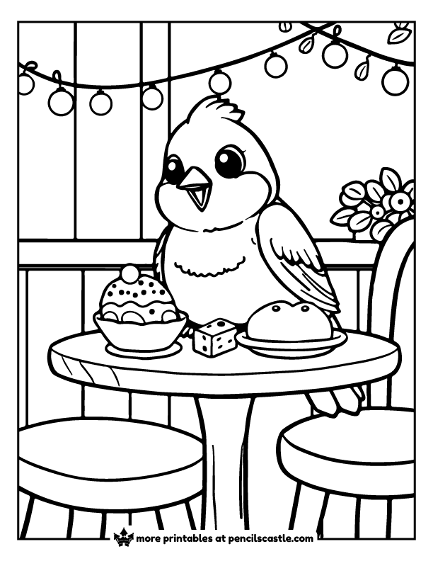 bird eating a meal on a dining table coloring page