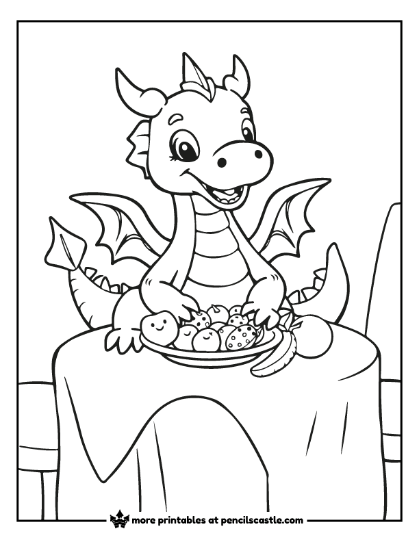 a dragon eating a meal at a dining table