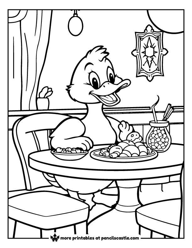 coloring sheet of a duck eating a meal at a dining table 