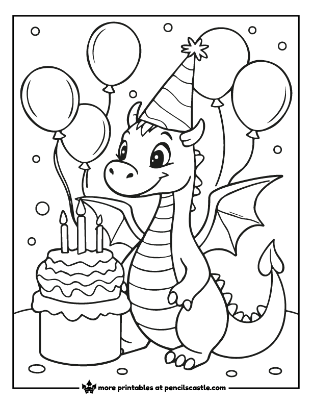 a dragon in a party hat with balloons and a birthday cake.