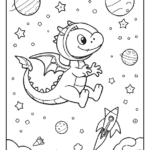 coloring page of a dragon with a space helmet, planets and stars