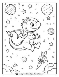 coloring page of a dragon with a space helmet, planets and stars