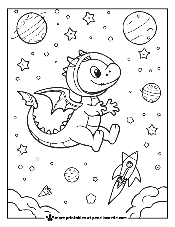 coloring page of a dragon with a space helmet, planets and stars