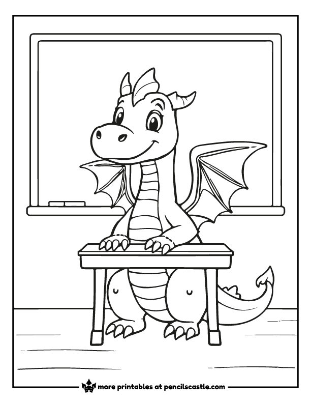 a dragon at a desk and a chalkboard in the background