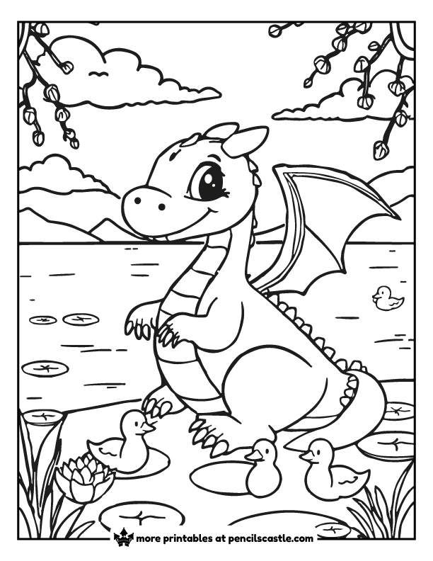 a dragon relaxing on a lake with ducks and lily pads