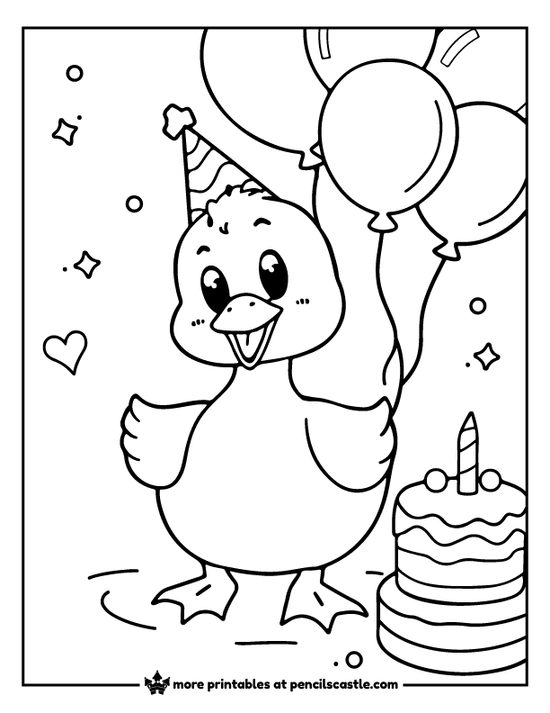 coloring sheet of a duck in a party hat with balloons and a birthday cake