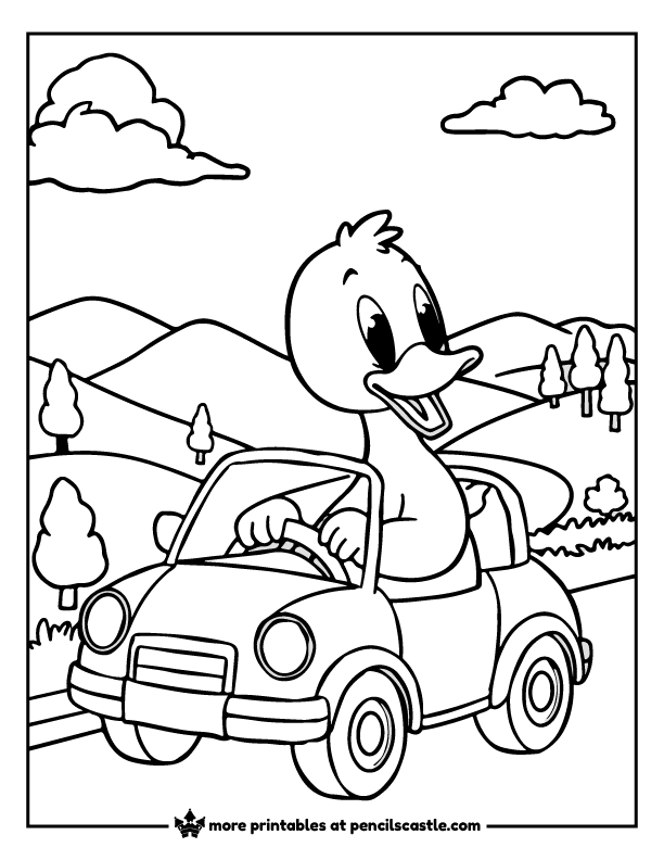 coloring page of a duck on a car