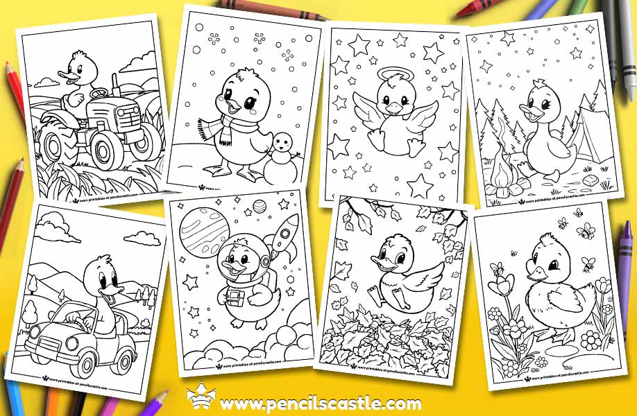 duck coloring pages with crayons, on a yellow background