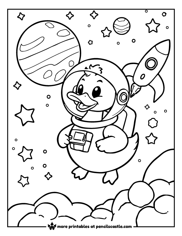 a duck in space with planets and stars