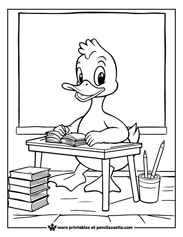 a duck at a desk and a chalkboard coloring sheet