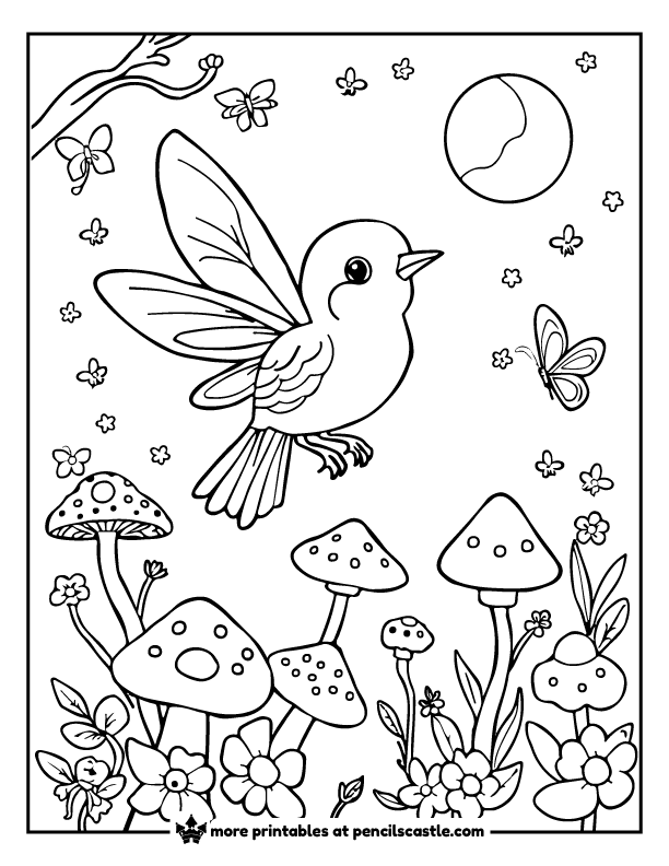 fairy bird with fairies and mushrooms coloring sheet