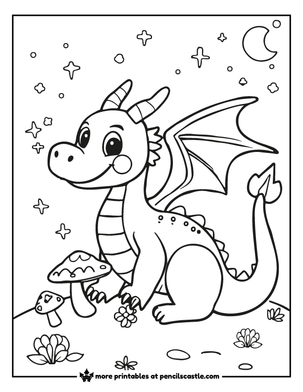 coloring page of a fairy dragon with mushrooms, and fireflies