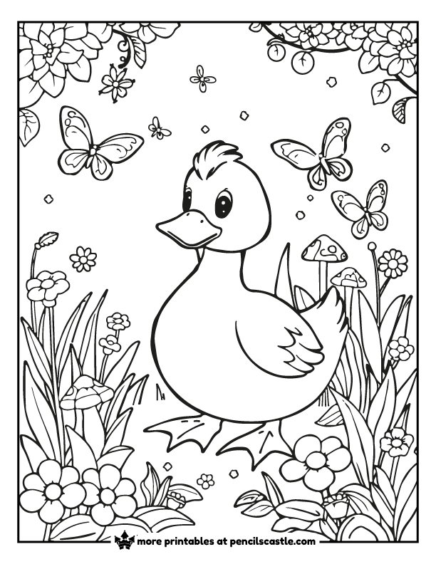 coloring page of a fairy duck with mushrooms, butterflies, and fireflies