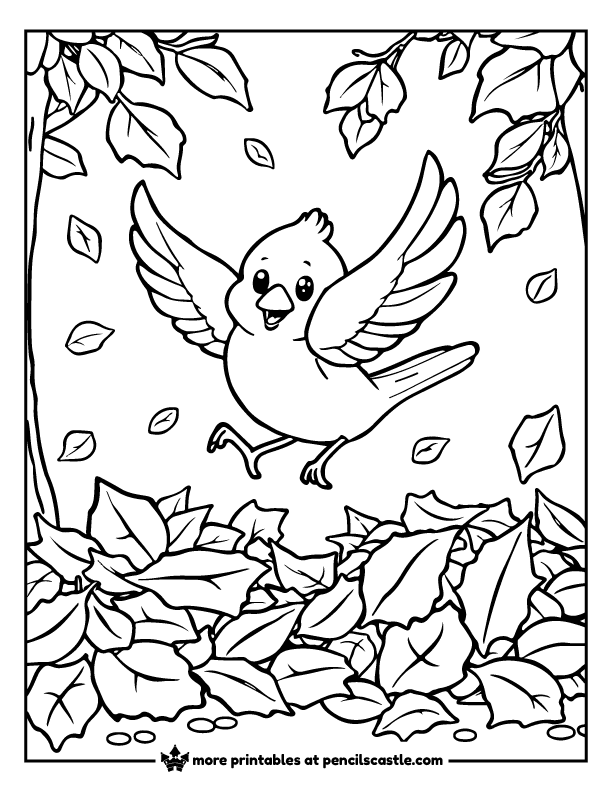 bird jumping into piles of autumn leaves coloring sheet