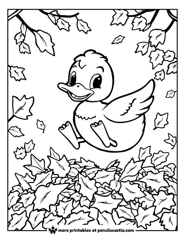 a duck with autumn leaves coloring sheet