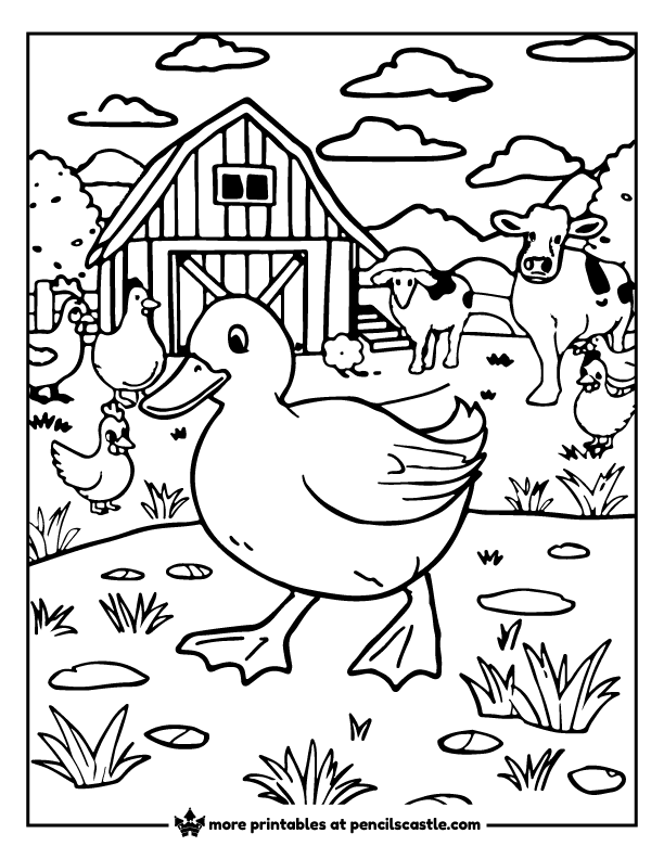 duck in a farmyard coloring sheet