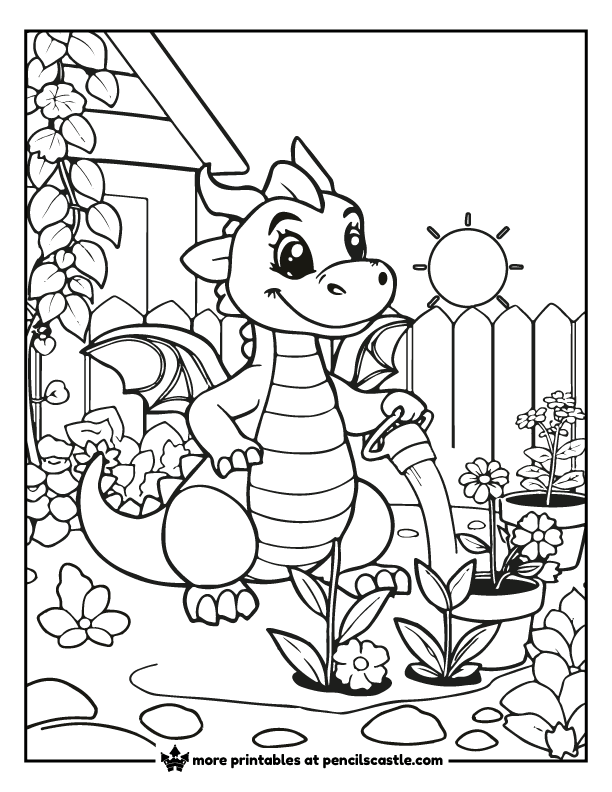 coloring page of a dragon watering plants in a garden