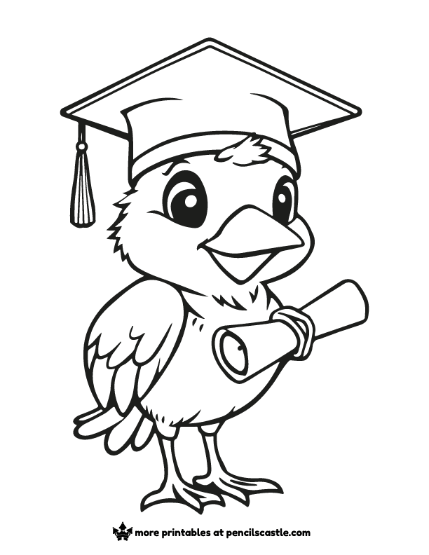 bird wearing a graduation cap and holding a diploma coloring page