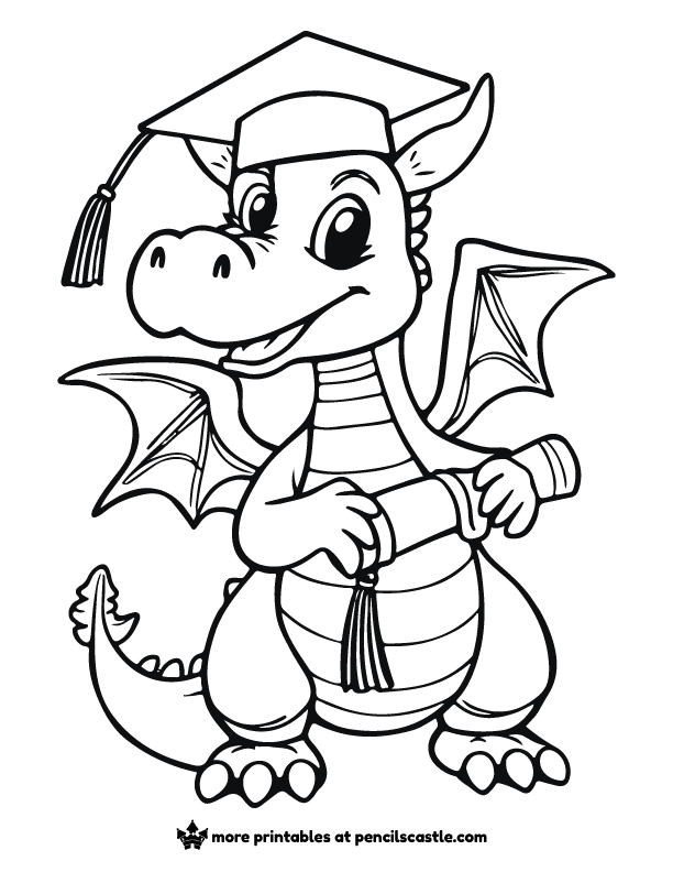 coloring page of a dragon in a graduation cap and a diploma