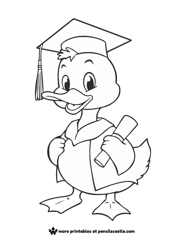 coloring page of a duck in a graduation cap and a diploma